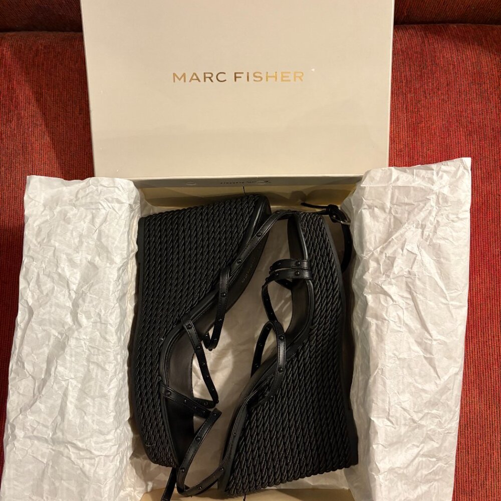 Marc Fisher Women's Zig Faux Leather Studded Wedge Sandals in Black